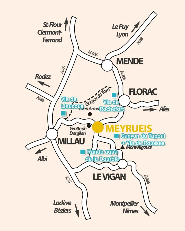 Plan de la région des Cévennes, grands causses, Lozère et Aveyron autour de Meyrueis